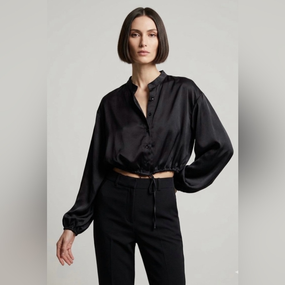 NWT Cropped Satin Button-Front Blouse - Black with Drawstring Waist